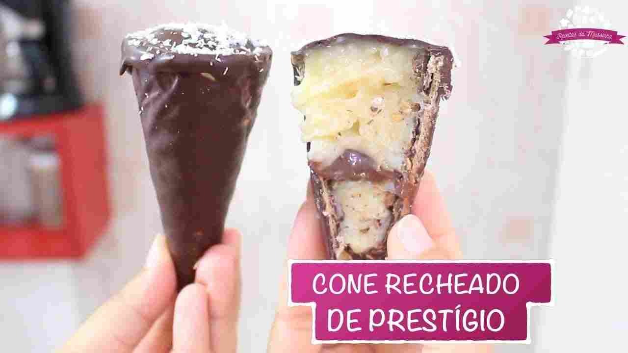 Cone Recheado de Prestígio (Beijinho com Brigadeiro) - - Receitas da Mussinha