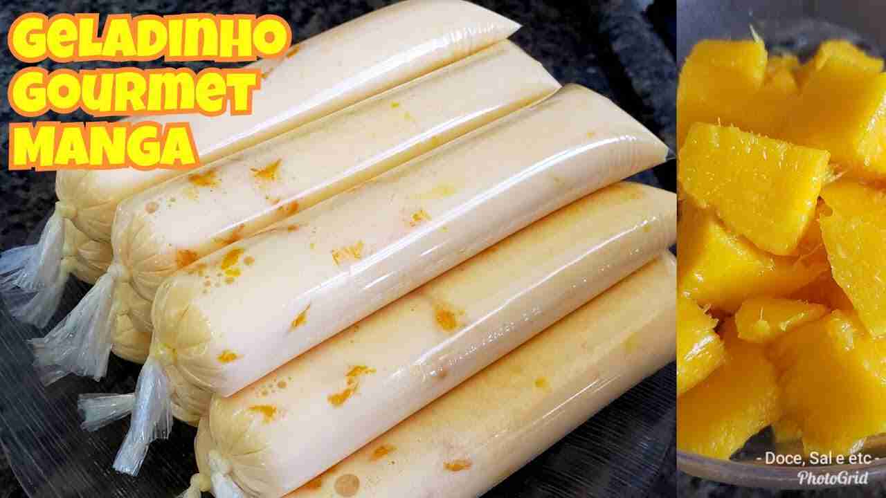 Geladinho gourmet de manga com pedaços da frutas para faturar muito